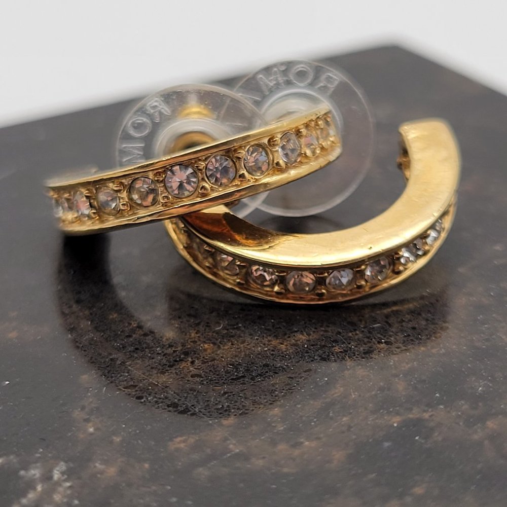 Vintage Roman Half Hoop Earrings Gold Tone Clear Crystals Rhinestones Pierced